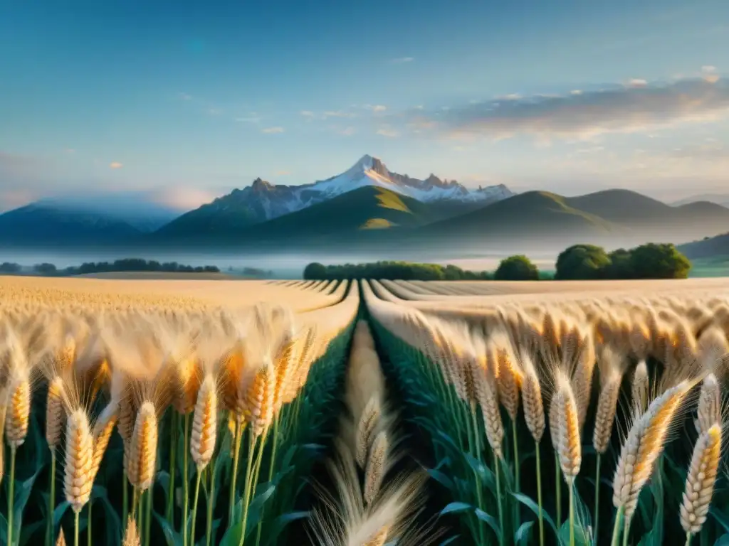 Un campo de trigo bañado por el sol, brisa suave y montañas al fondo