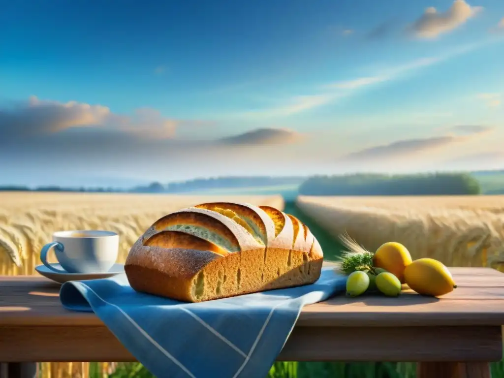 Un campo de trigo bañado por el sol, con pan sin gluten y frutas frescas en una mesa rústica