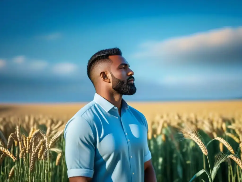 Un campo de trigo bañado por el sol, ondeando suavemente bajo un cielo azul