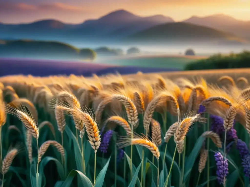 Un campo de trigo dorado al atardecer con tonos cálidos y suaves, creando una escena serena y pintoresca