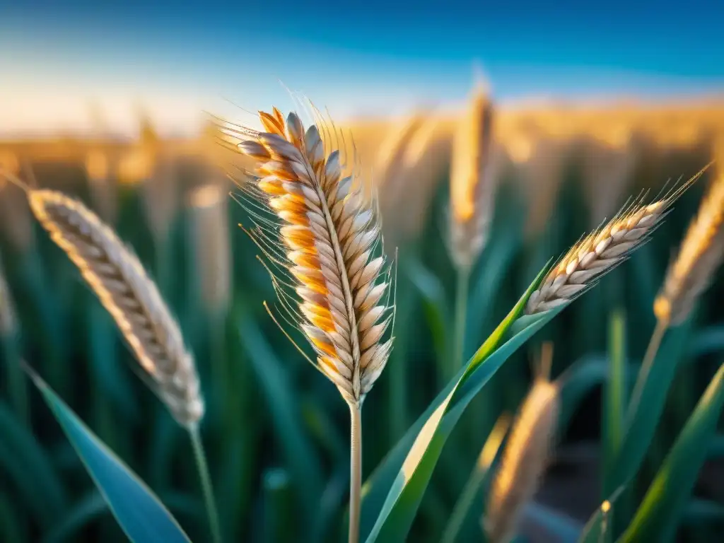 Campo de trigo dorado al atardecer, detallando una espiga madura bajo la luz cálida del sol