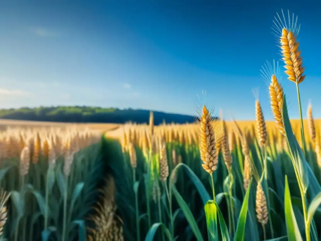 Un campo de trigo dorado bañado por el sol, transmitiendo calma y vitalidad