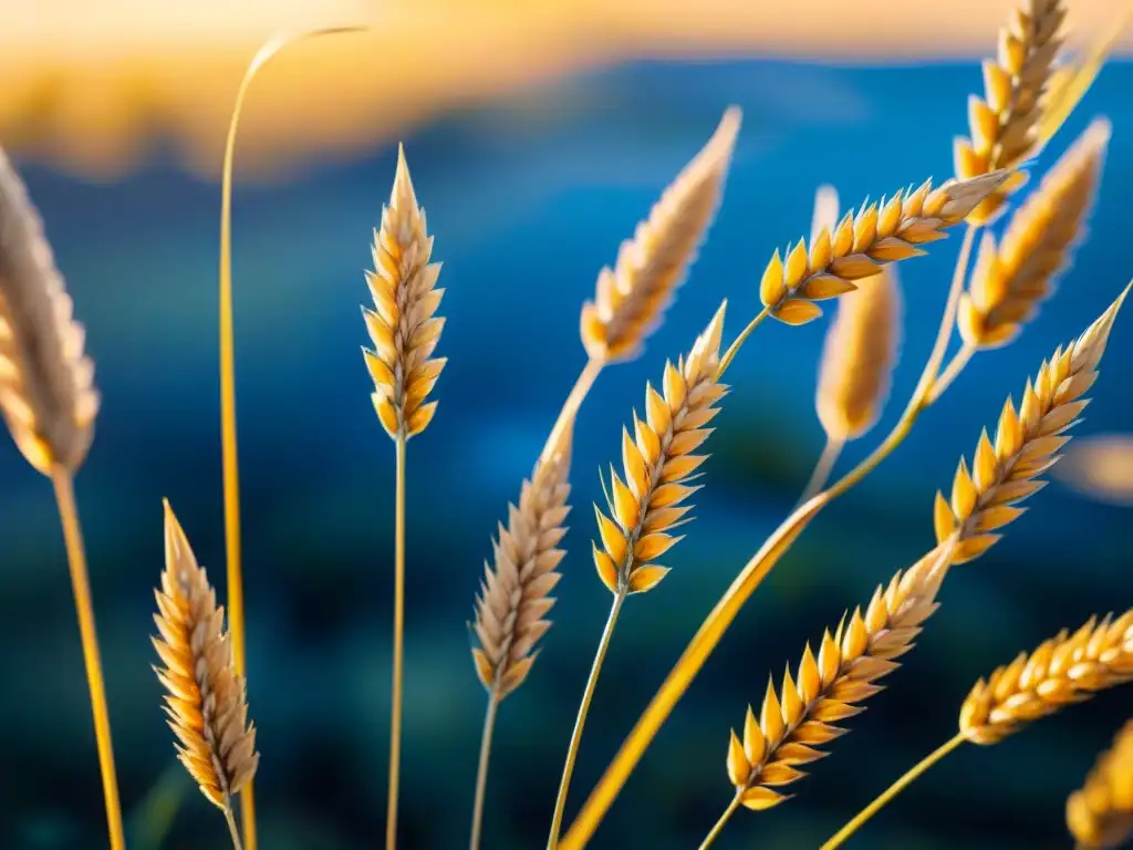 Campo de trigo dorado bajo cielo azul, con luz cálida