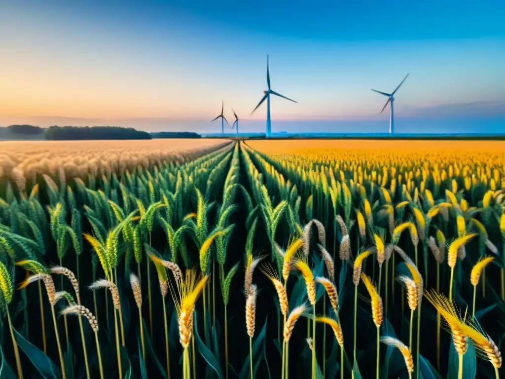 Un campo de trigo dorado bajo el sol, con vida silvestre y un molino eólico, impacto ambiental vida sin gluten