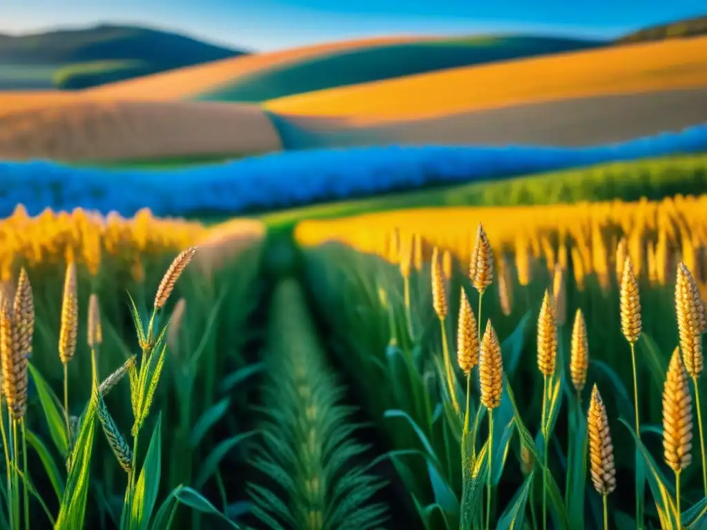 Un campo de trigo dorado ondea bajo el sol, rodeado de colinas y flores silvestres