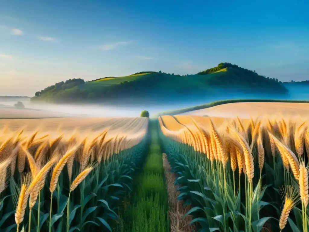 Un campo de trigo dorado bajo el sol, con un cartel 'Dieta sin gluten y salud' en primer plano