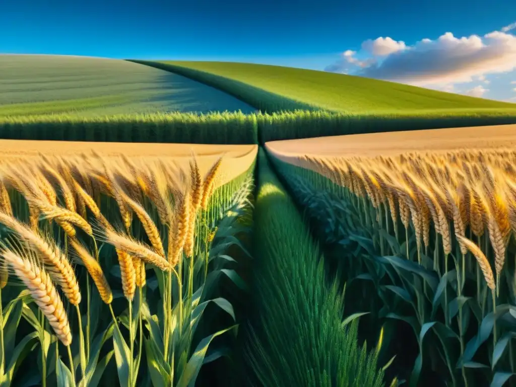 Un campo de trigo orgánico bañado por el sol, sin gluten, evocando paz y armonía