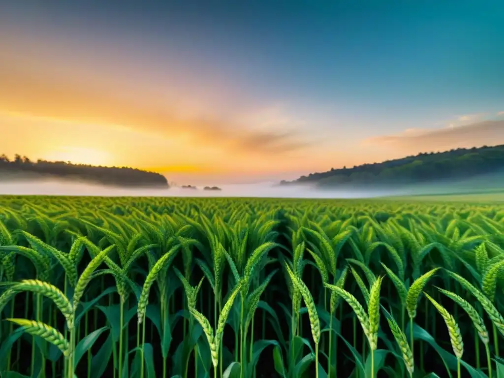 Un campo de trigo orgánico sin gluten bañado por la luz dorada del atardecer, mostrando la pureza de los productos orgánicos sin gluten