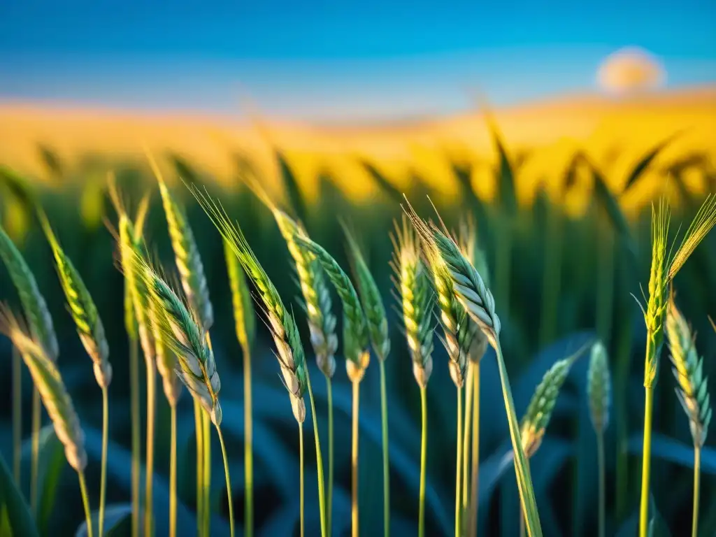 Un campo de trigo sereno bañado por la luz dorada del sol, con plantas verdes ricas en selenio