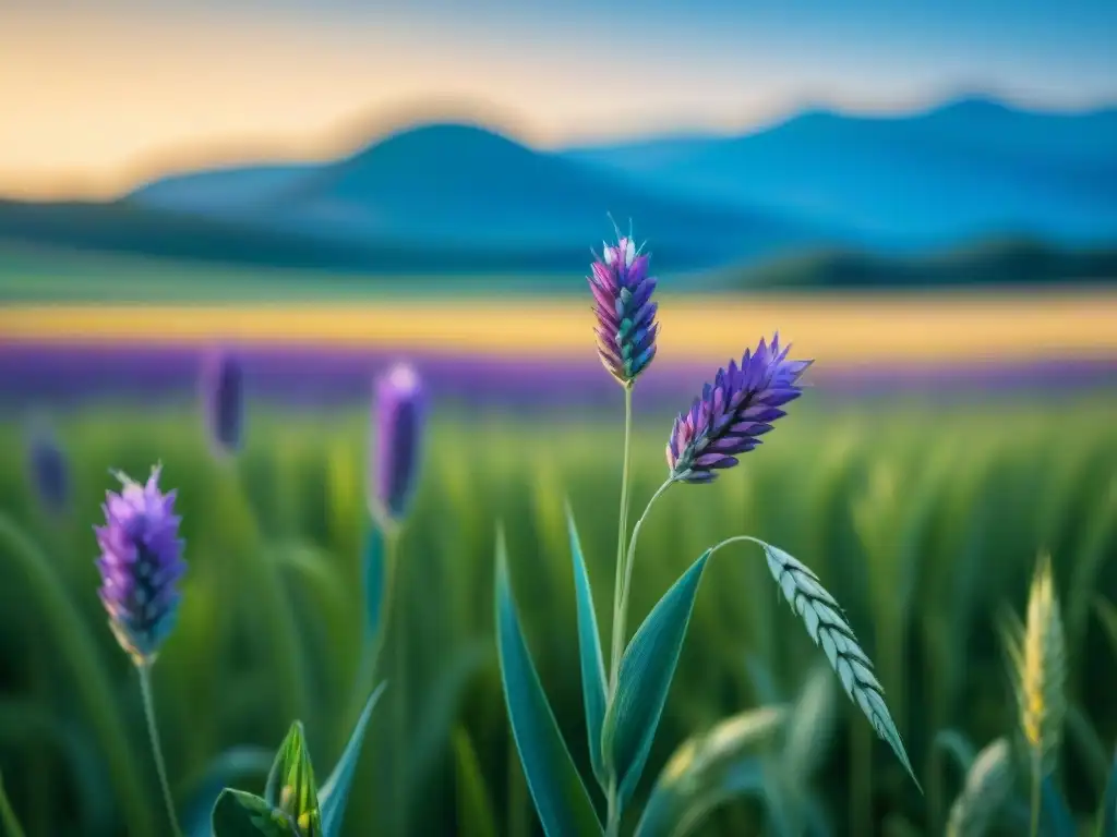 Campo de trigo sereno con flor morada en primer plano