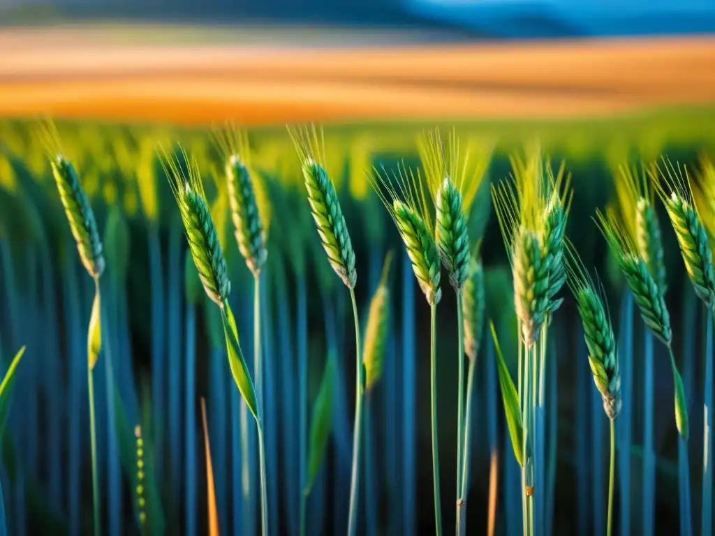 Un campo de trigo tranquilo bajo un cielo azul, con una luz dorada cálida