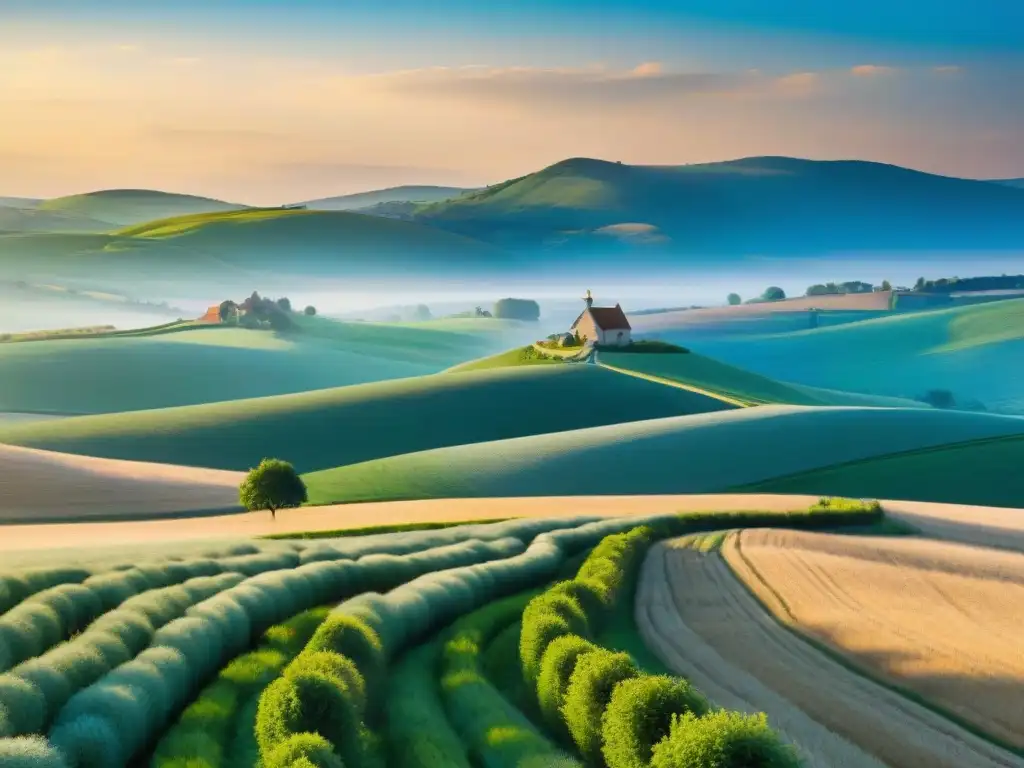 Campo de trigo verde bajo cielo azul al atardecer, señal de madera apunta a un pueblo entre colinas