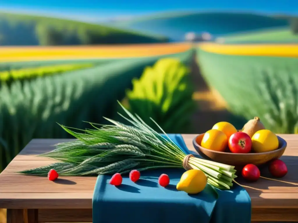 Campo de trigo verde bajo cielo azul con mesa de frutas y verduras sin gluten, transmitiendo paz y armonía en la dieta sin gluten resistencia estrés