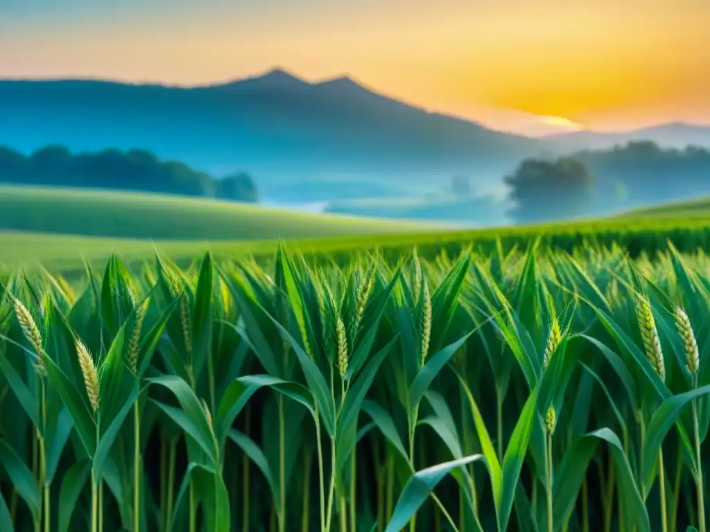 Un campo de trigo verde exuberante bajo un cielo azul claro, con una brisa suave moviendo las espigas