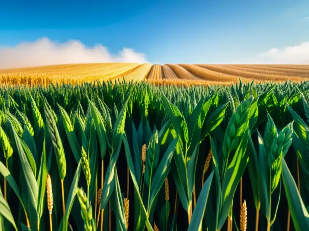 Un campo de trigo verde exuberante con agricultores de diferentes etnias y géneros cosechando trigo sin gluten de forma sostenible