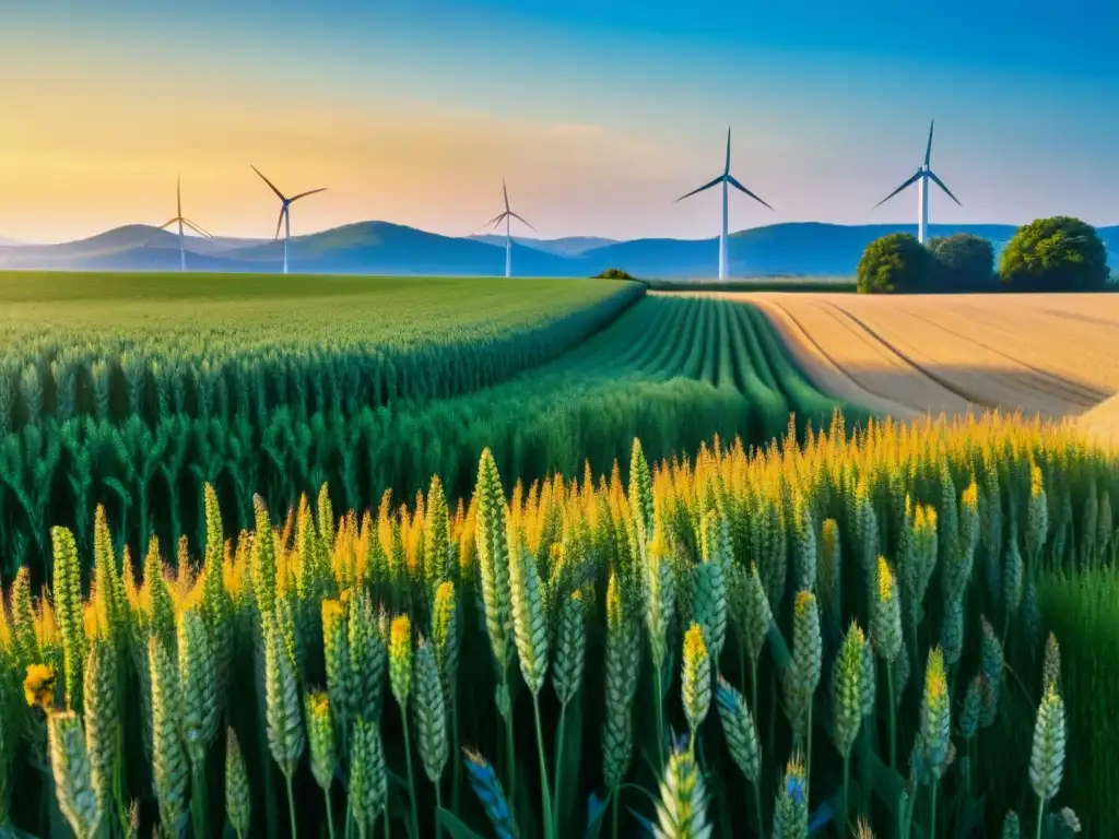 Un campo de trigo verde exuberante bajo un cielo azul, abejas zumbando alrededor