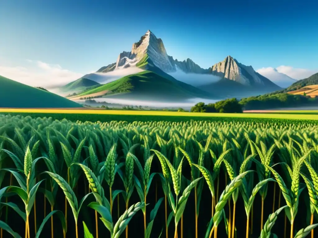 Un campo de trigo verde ondulante bajo el sol, con montañas al fondo