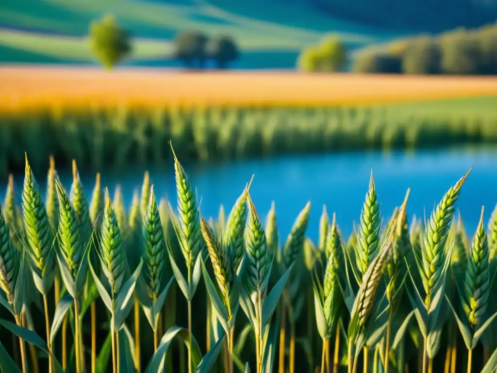 Un campo de trigo verde bajo el sol, reflejando paz y armonía