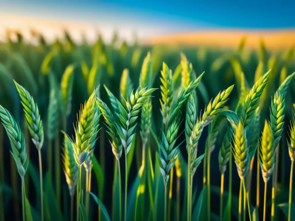 Un campo de trigo verde vibrante, iluminado por el sol, representa la belleza y beneficios de los productos sin gluten en la salud intestinal