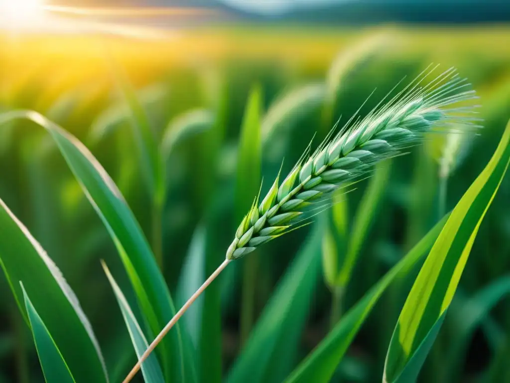 Un campo de trigo verde vibrante ondeando suavemente al viento, con un suplemento de zinc brillante sobre granos dorados