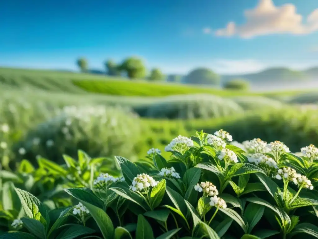 Campo verde con plantas de stevia en flor, reflejando edulcorantes naturales sin gluten impacto bajo el sol