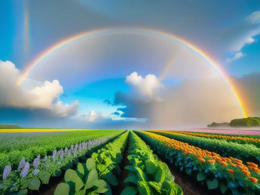 Un campo verde sereno con arcoíris vibrante al atardecer, flores coloridas y mariposas