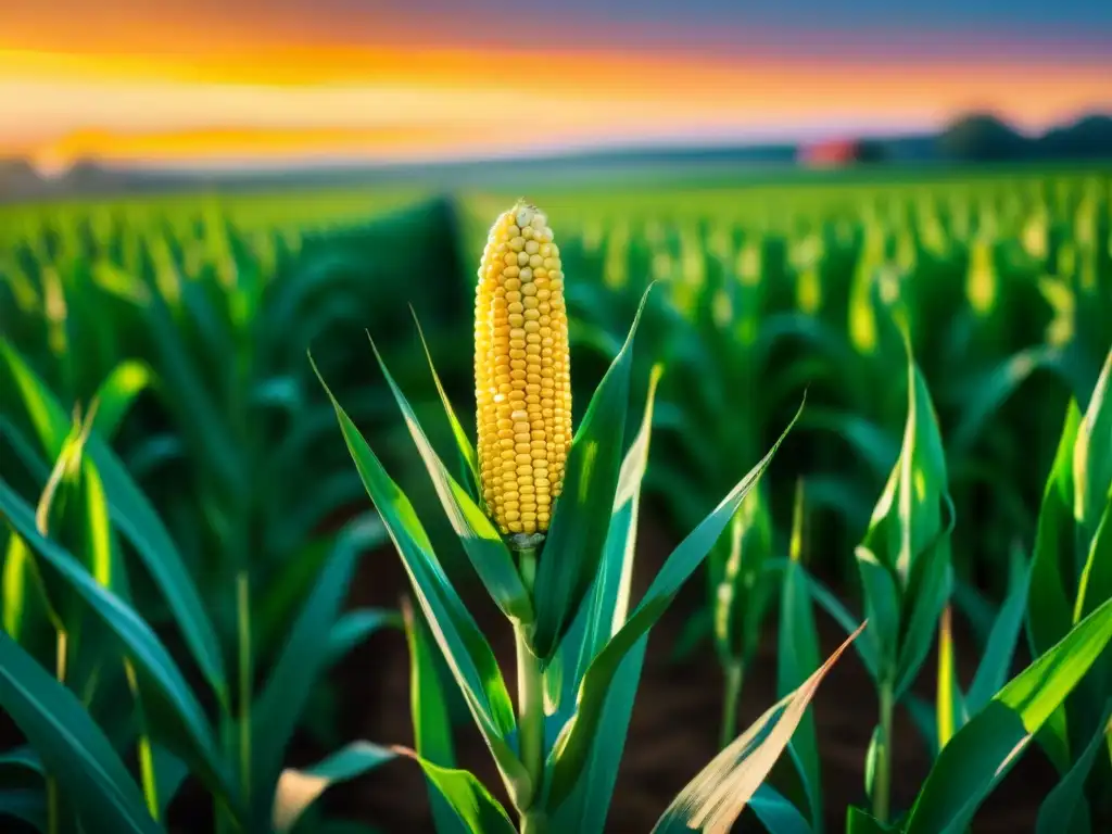 Un campo de maíz vibrante al atardecer, con mazorcas perfectas