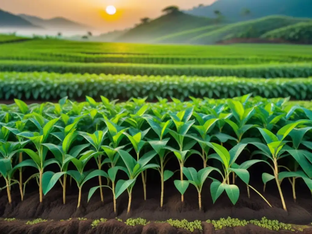 Un campo vibrante de tapioca al atardecer, con plantas en distintas etapas de crecimiento bajo una luz dorada, evocando belleza