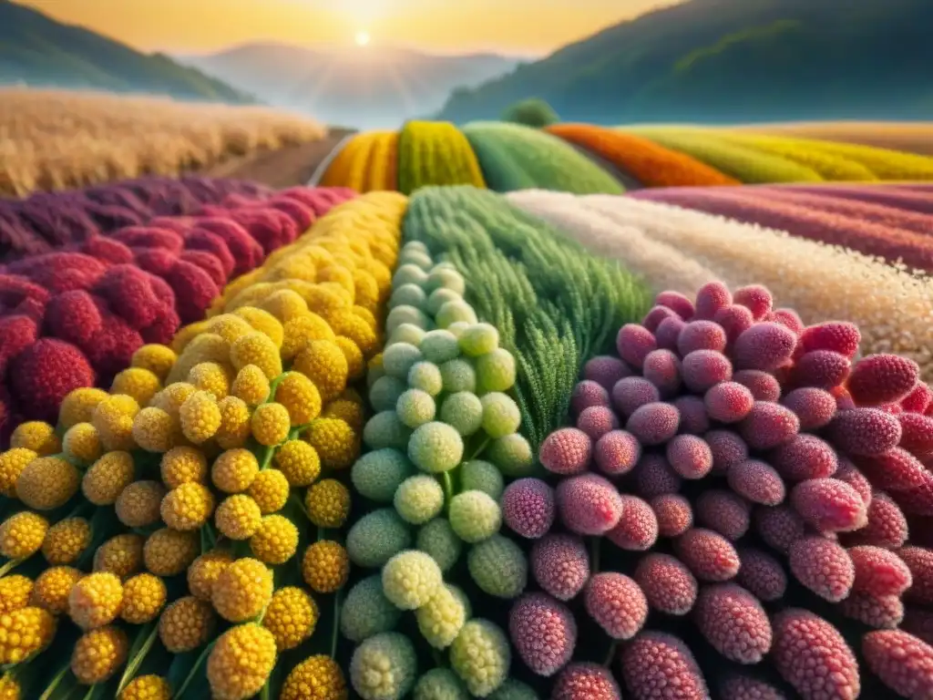 Un campo vibrante de cereales sin gluten innovadores, como quinoa, amaranto y mijo, con el sol iluminando la escena