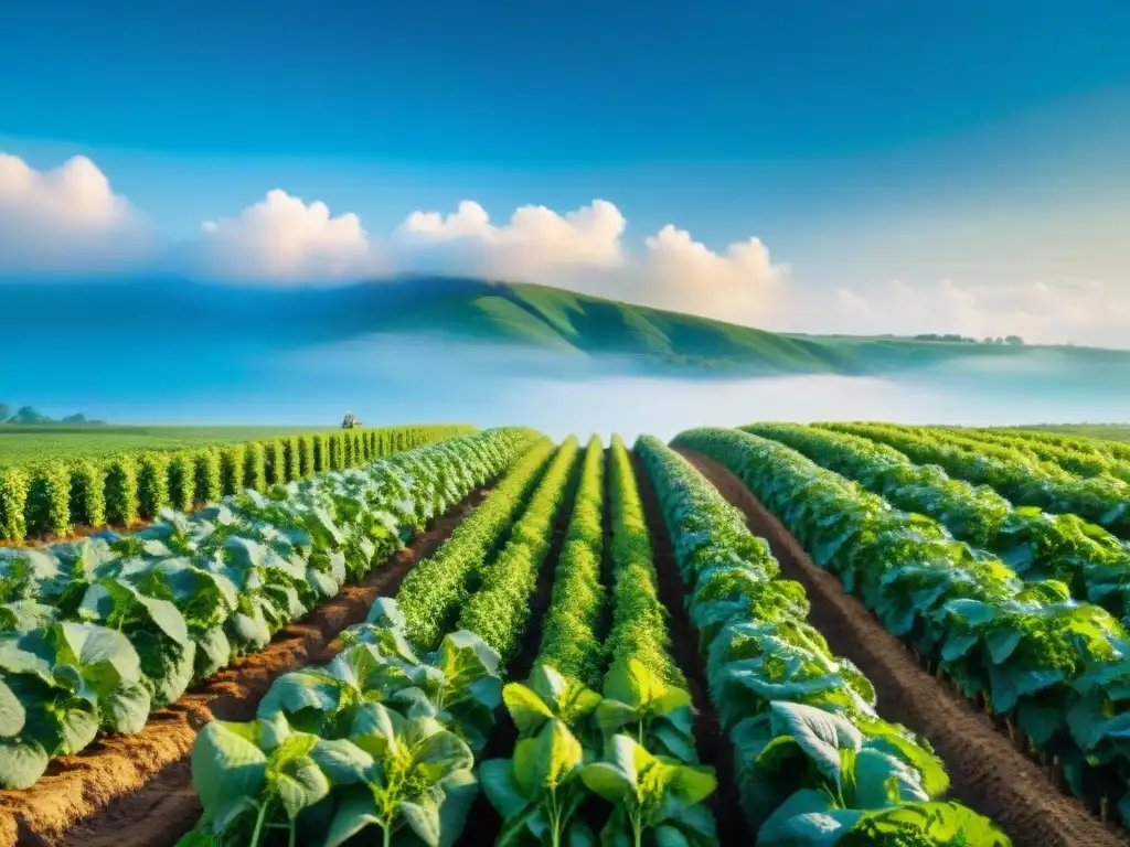 Un campo vibrante y frondoso con frutas y verduras coloridas, abejas y mariposas