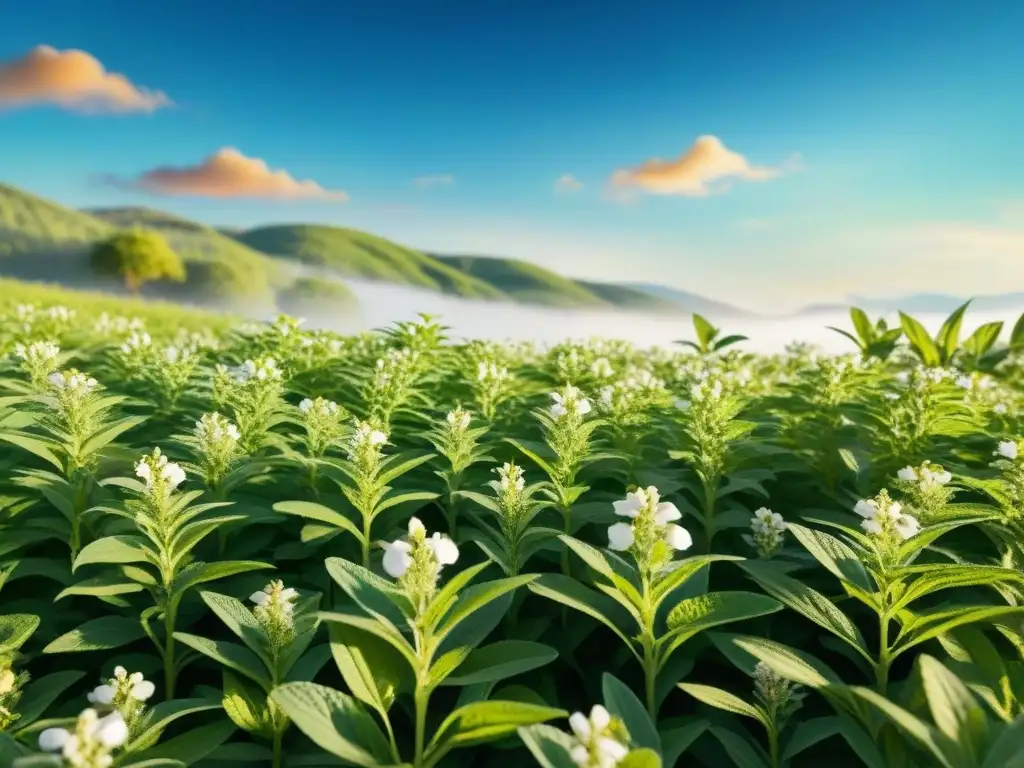 Un campo vibrante de plantas de stevia bajo un cielo azul, con abejas y mariposas