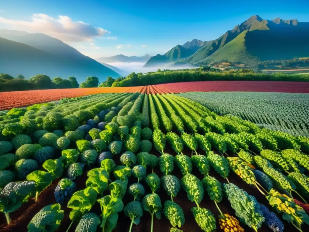 Un campo vibrante de superalimentos coloridos bajo un cielo azul, con montañas al fondo