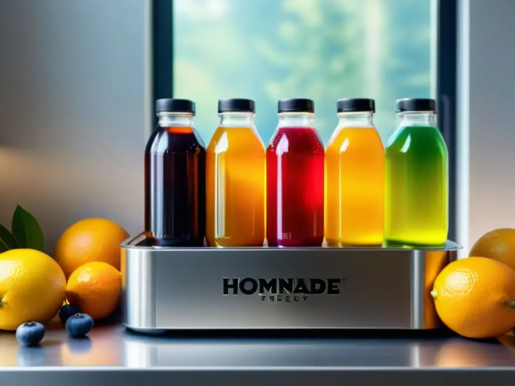 Una estación casera de bebidas energizantes sin gluten con botellas coloridas y frutas frescas en una cocina moderna y luminosa