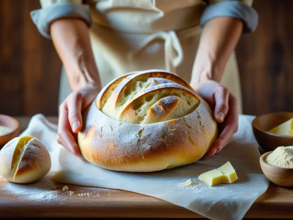 Elaboración casera de pan sin gluten: Manos de panadera amasando masa elástica en mesa de madera