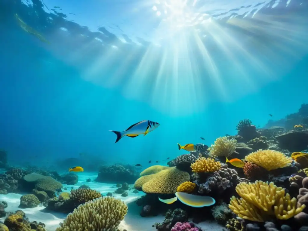 Un cautivador escenario submarino con peces coloridos y corales, bañado por rayos de luz