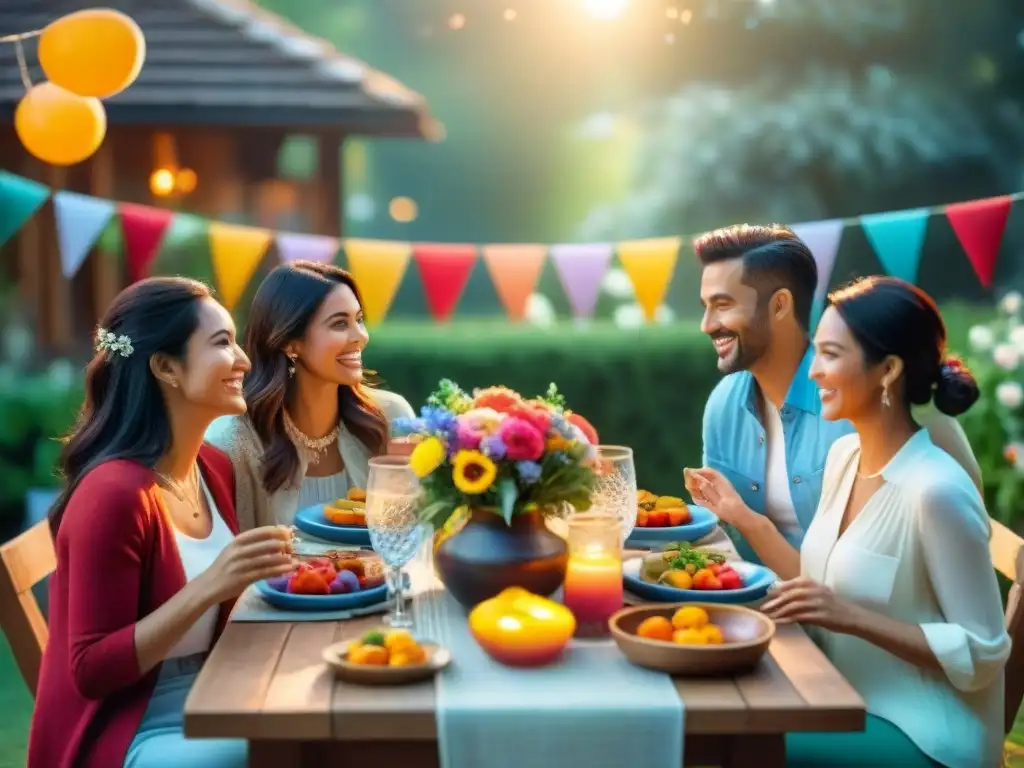 Una celebración familiar sin gluten en un jardín decorado, con una mesa llena de comida y bebida, rodeada de felicidad y conversaciones animadas