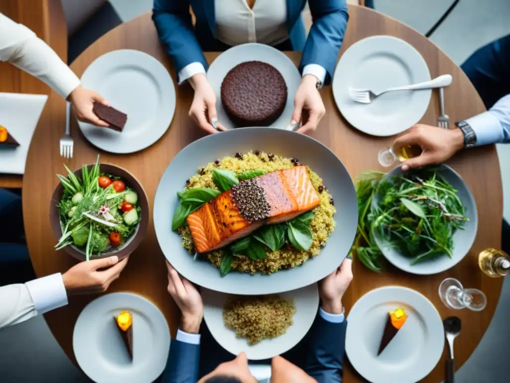 Una cena de empresa sin gluten en un moderno espacio de oficina, con platos elegantes y compañeros variados en animada conversación