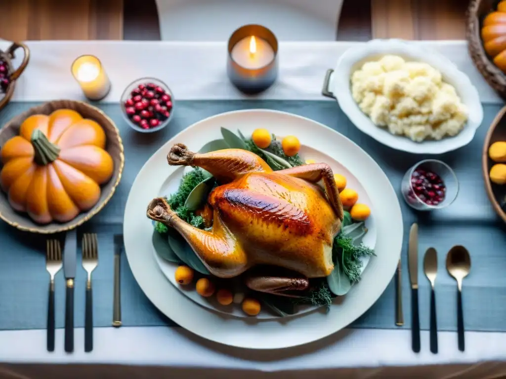 Una cena de Acción de Gracias Sin Gluten exquisitamente preparada, con un festín de deliciosos platillos y decoraciones otoñales cálidas y acogedoras