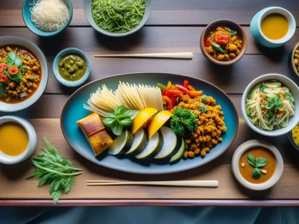 Una cena internacional sin gluten: platos de pasta, sushi, curry, tacos y pastelería francesa en una mesa rústica