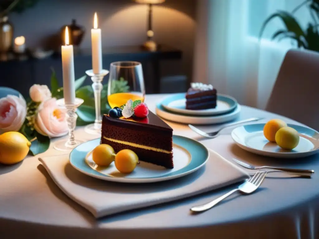 Una cena de lujo sin gluten: mesa elegante con postres exquisitos y ambiente acogedor iluminado por velas