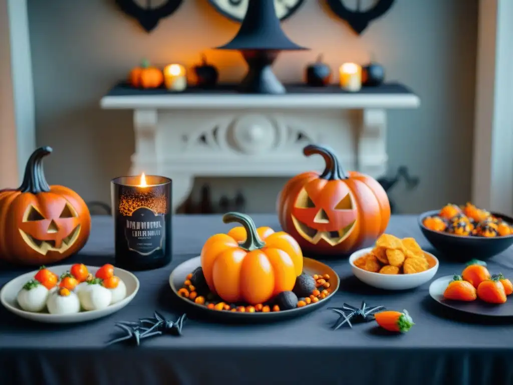 Cena de Halloween sin gluten: mesa decorada con snacks creativos, calabaza tallada con vela y ambiente misterioso