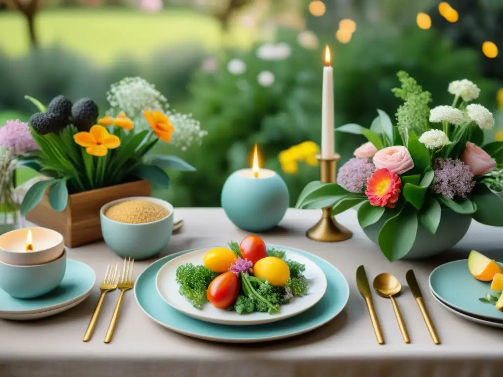 Una cena primaveral elegante y ligera sin gluten, con coloridos platos y decoración floral en un jardín sereno