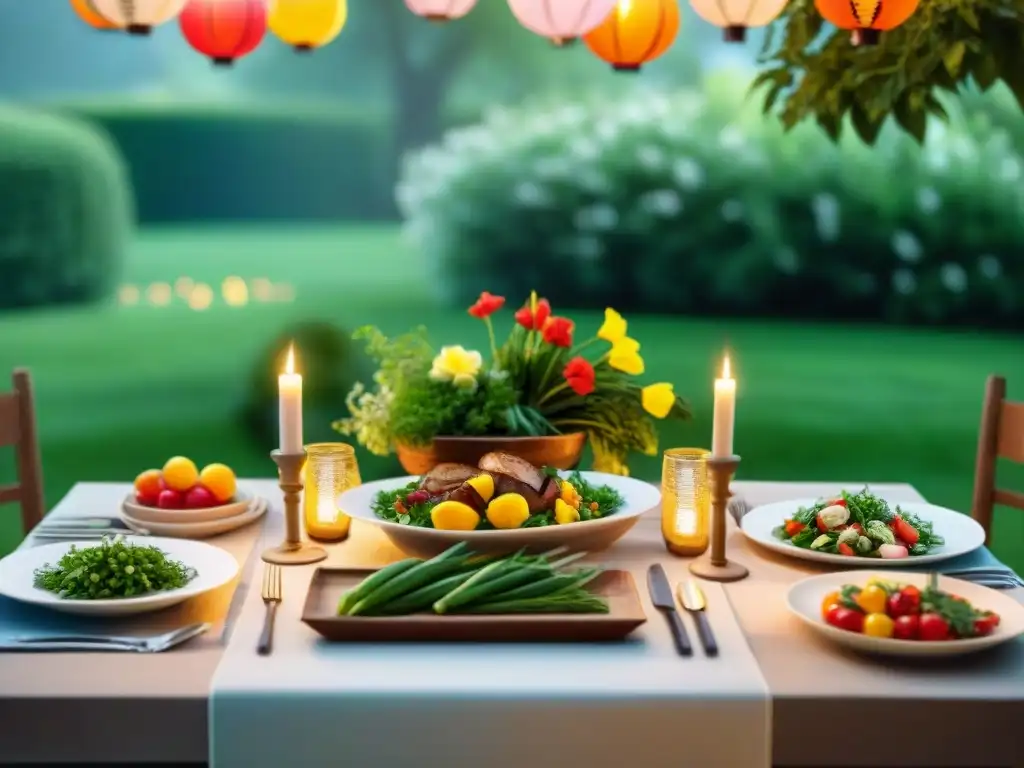 Cena primaveral sin gluten en jardín con decoración elegante y platos ligeros