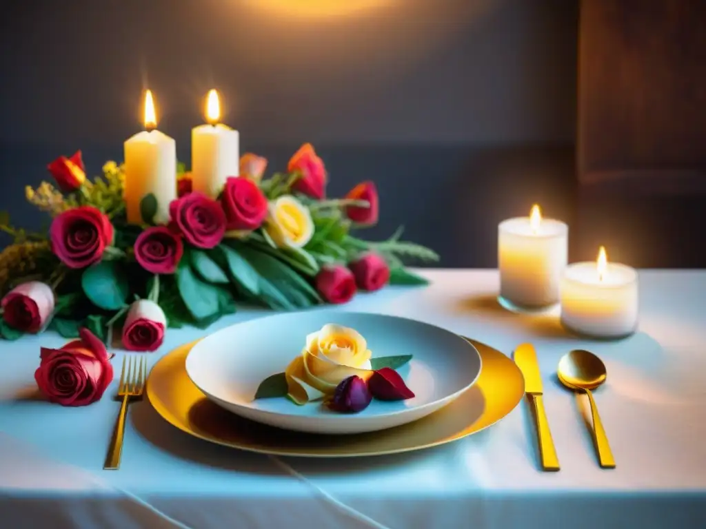 Una cena romántica sin gluten con mesa elegante, velas doradas y deliciosa comida