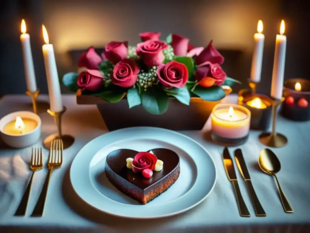 Una cena romántica sin gluten con salmón a la parrilla, ensalada de quinua y pastel de chocolate, decorada con velas y pétalos de rosa