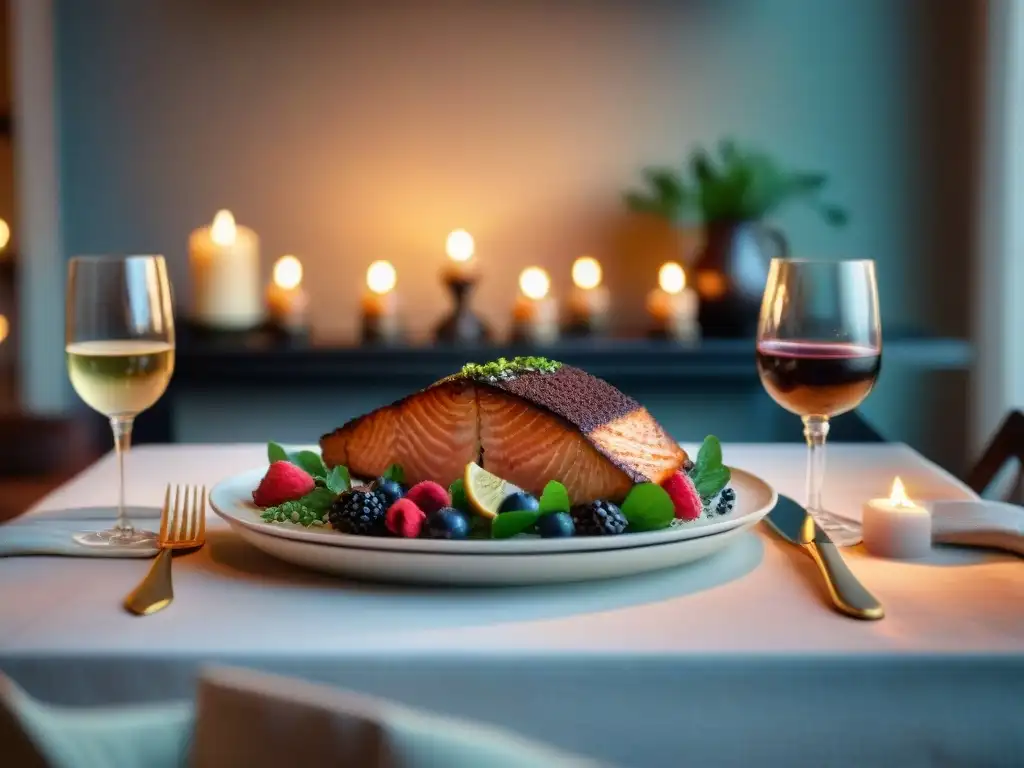 Una cena romántica sin gluten con quinoa, salmón y pastel de chocolate, en un ambiente acogedor iluminado por velas