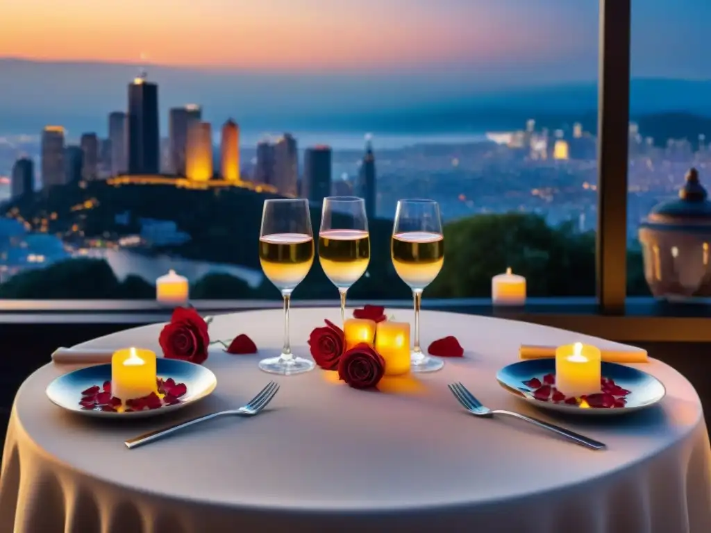 Una cena romántica sin gluten en terraza al anochecer con vista a la ciudad, pareja brindando con champán