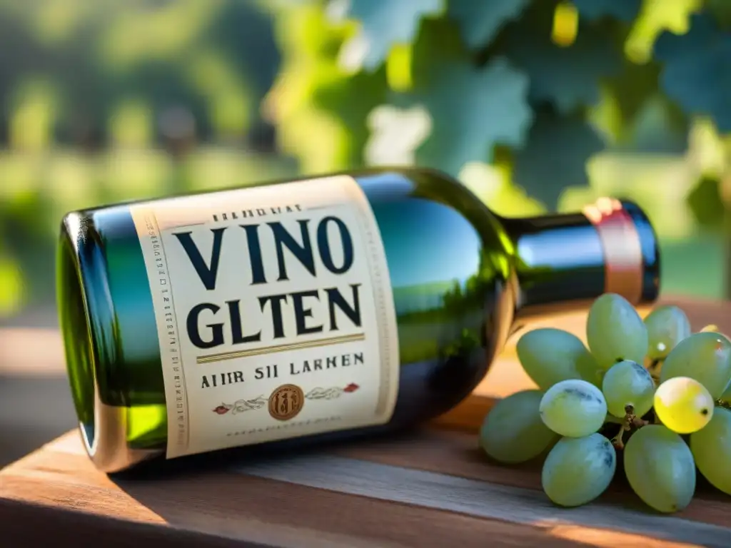 Vino sin gluten para cenas: Botella elegante en mesa rústica con uvas y hojas de viñedo, iluminada por luz natural cálida