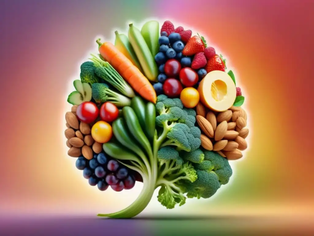 Un cerebro vibrante y colorido hecho con alimentos sin gluten para concentración