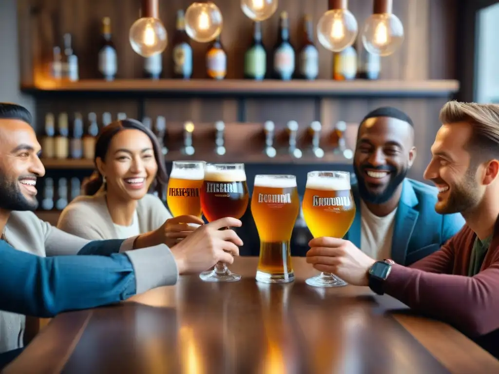 Disfrutando de cervezas artesanales sin gluten con amigos en un acogedor bar de cerveza